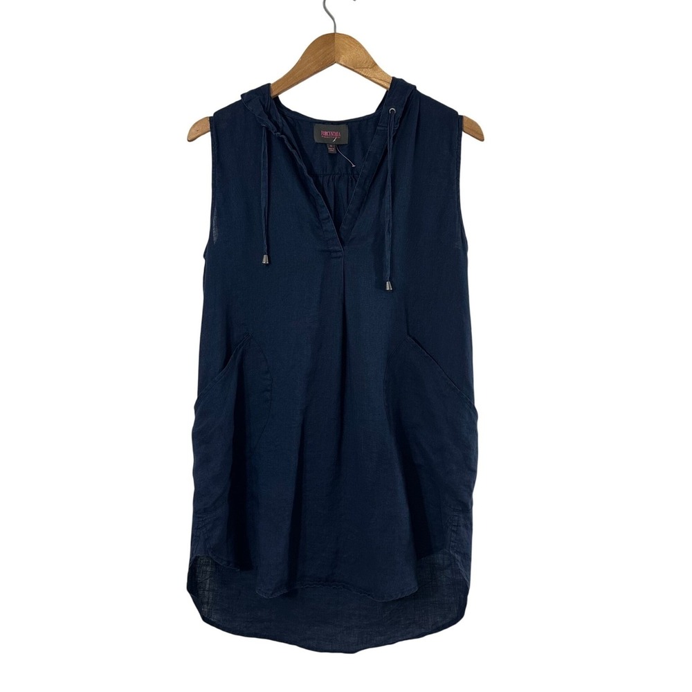 Forcynthia Beachwear Navy Blue 100% Linen Hooded Sleeveless Tunic Top Small